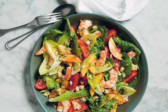 Prawn, tomato, nectarine and hazelnut salad.