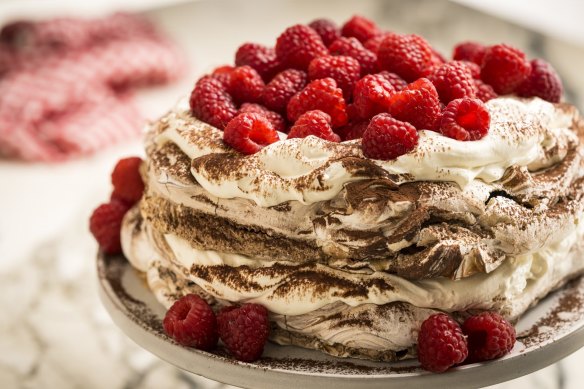 Two-layer chocolate swirl pavlova sandwiched with creme fraiche.