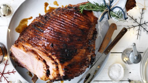 Adam Liaw's peach and coriander seed glazed ham.