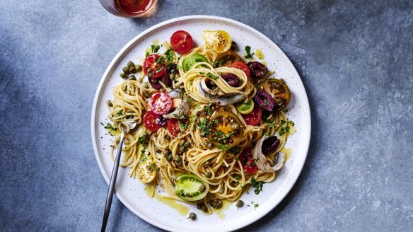 Pasta with no-cook puttanesca sauce.