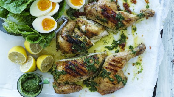 Easy Easter: Barbecued butterflied chicken and eggs.