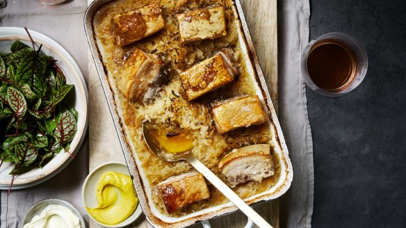 30-minute braised pork belly with butter cider sauerkraut. 