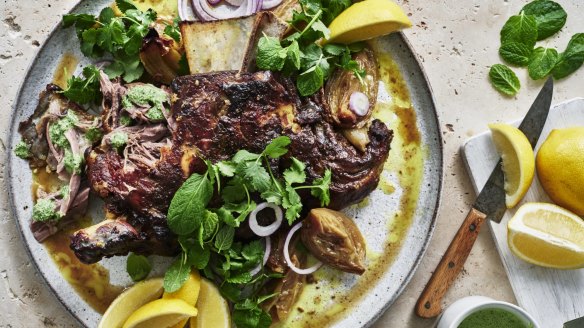 Adam Liaw's spiced lamb shoulder with mint and coriander chutney.