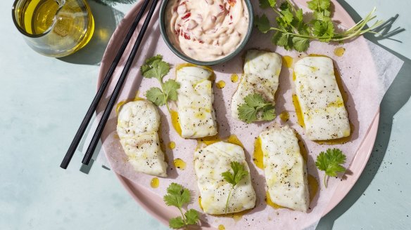 Snapper in olive oil with roasted pepper mayonnaise.