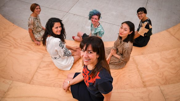 Victorian Premier's award winners: Sarah Krasnostein (front), Demet Divaroren, Bella Li (left to right, second row), Melanie Cheng, Alison Evans and Michele Lee  (left to right, third row).