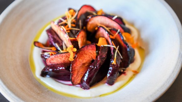 Beetroot, plum and almond cream with marigold vinegar.