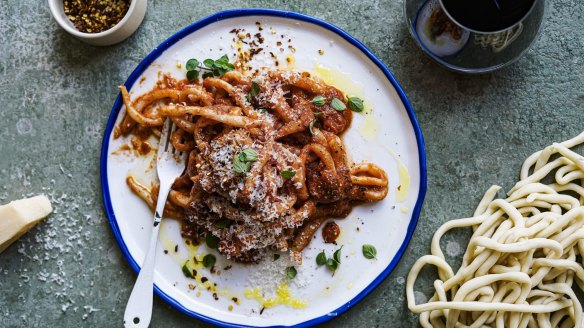 Serve this sugo-laden pasta with a heft of excellent cheese.