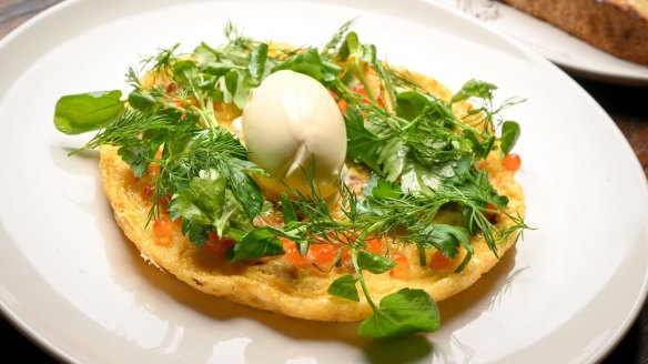 Frittata with smoked trout and salmon roe.