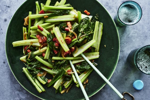 Stir-fried choy sum with bacon.