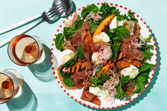 Grilled rockmelon, mozzarella and prosciutto salad. 

