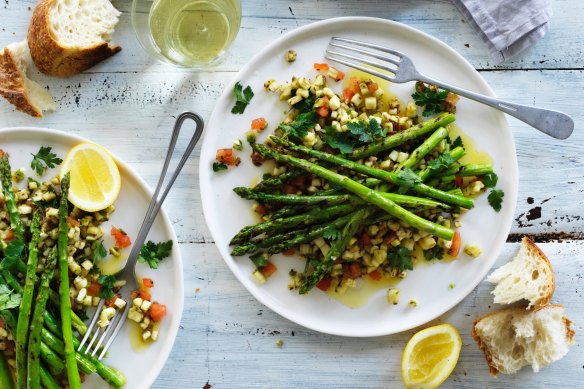 Neil Perry's asparagus with spiced eggplant salad
 