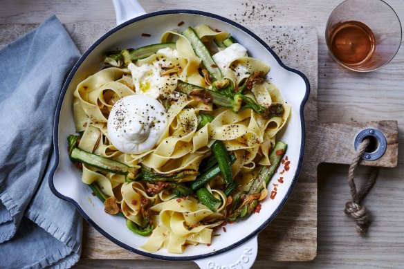 Blistered zucchini pasta with garlic and burrata. 