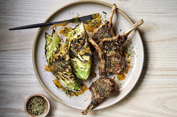 Umami lamb cutlets with miso butter and cabbage.