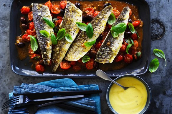 Neil Perry's grilled King George whiting with tomato, basil and olive sauce and aioli
