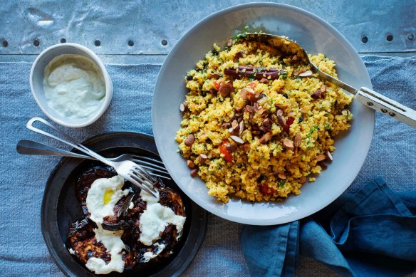 Moroccan couscous with harissa glazed eggplant.