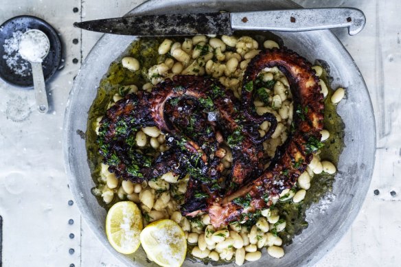 Braised octopus with white beans.