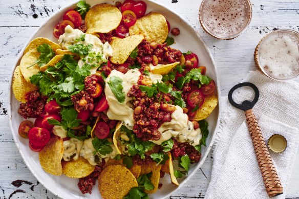Adam Liaw's beef and bean nachos with jalapeno cheese sauce.