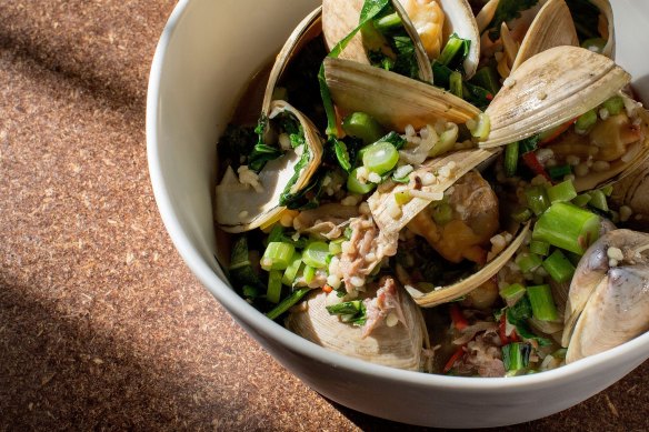 Clams with slow-cooked pig's head, confit garlic and greens is the go-to dish.