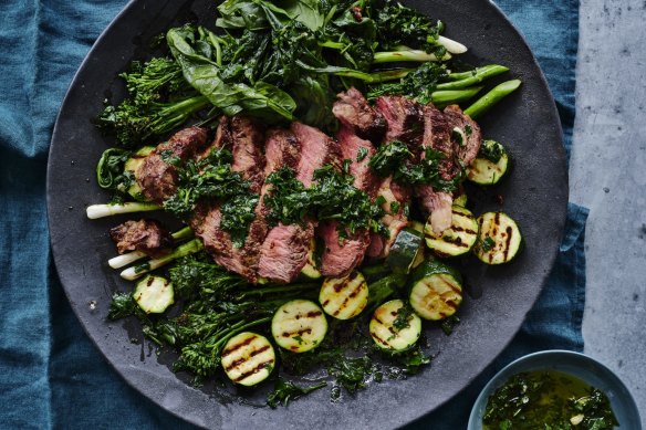 Steak with barbecued greens.
