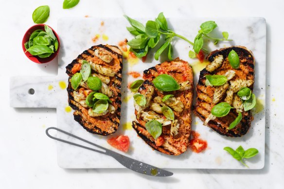 Tomato bread with barbecued squid and nduja.