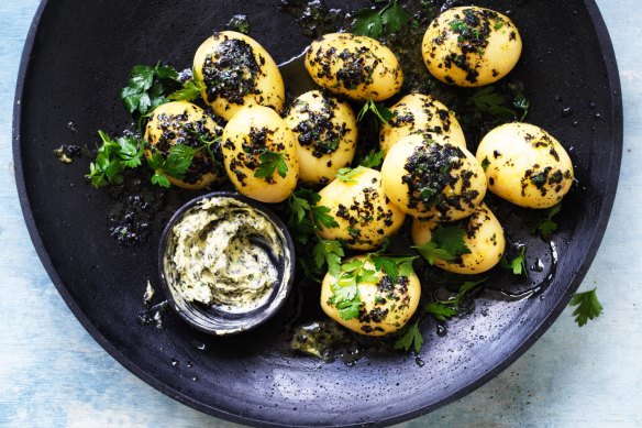 New potatoes with seaweed and garlic butter.