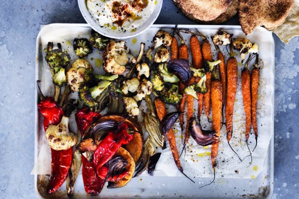 Roast vegetables with flatbreads and whipped feta.