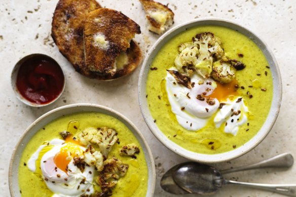 Karen Martini's roasted cauliflower and turmeric soup with yoghurt and poached egg.