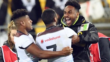 Super Saturday: Fiji celebrate their epic win against New Zealand.