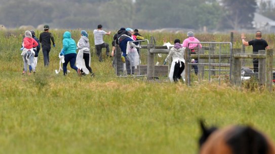 Potential illegal labourers try to escape a police and immigration raid on the Vizzarri asparagus farm at Koo Wee Rup, Victoria.