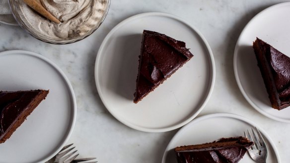 Chocolate cake iced with chocolate ganache and served with espresso cinnamon mascarpone cream (top left).