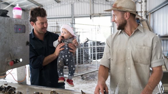 Jason Finlay sorts oysters while Ewan McAsh feeds his daughter, Ivy, an oyster, on his oyster farm.