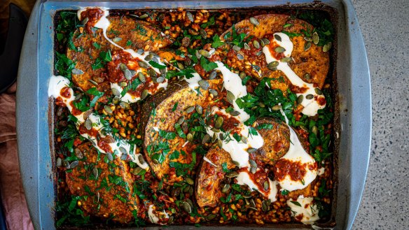 Ras el hanout roasted pumpkin with turmeric and tomato pearl barley and harissa yoghurt (see recipe below).