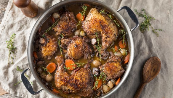 Put your wine to good use: Homemade coq au vin.