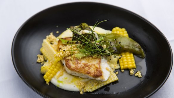 Hapuka with a corn one-two of "fresh" polenta and urchin butter 