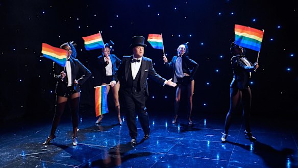 James Corden takes aim at Trump's transgender military ban with a biting Broadway number.