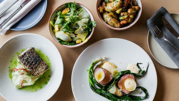 Grilled fish with apple, fennel and chilli salad (left) and beef rump with charred spring onion and marrow custard are among the dishes on Cotham Dining's opening menu.