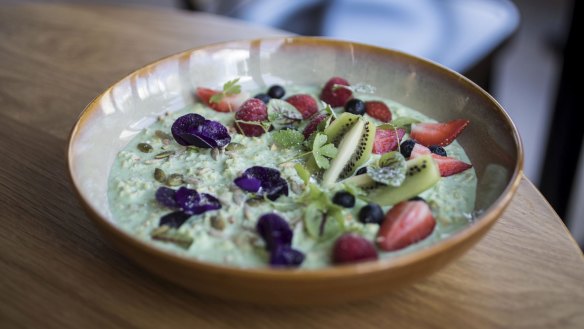 Kombucha, pandan and chia bircher with almond milk served at Went to See the Gypsy in Alexandria.