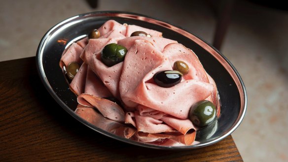 Kangaroo mortadella with olives.