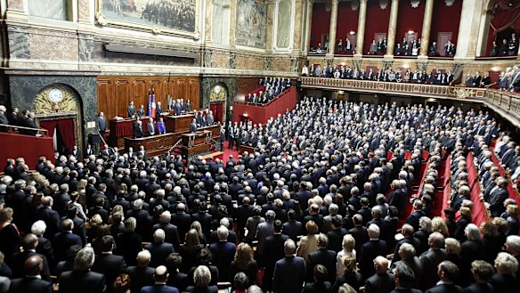 The exceptional joint gathering of both of the French houses of parliament on Tuesday evening in Versailles, France. During his speech, French President Francois Hollande expressed his commitment to "destroying" Islamic State (IS), following Friday's terrorist attacks.