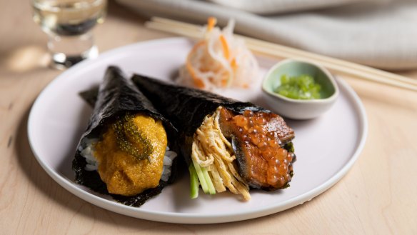 Temaki are kept loose and served immediately, so the seaweed sheets are still crisp and the ingredients unsquished.