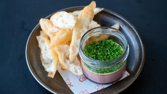 Chicken liver and Shaoxing wine parfait with Chinese doughnut.