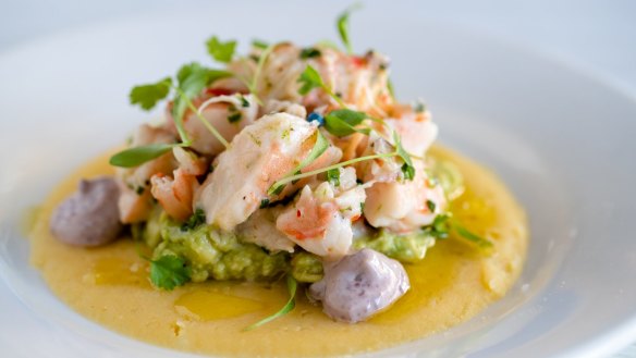 Causa de camarones, with prawns, potato, avocado and olive aioli.