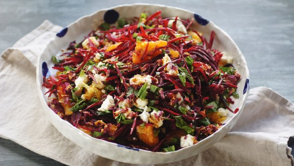 Salad dressing recipes for Good Food online. Cayenne and rosewater dressing with beetroot, feta and orange salad. Please credit Katrina Meynink