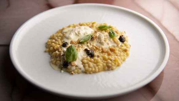 Fregola, corn, black garlic and stracciatella.