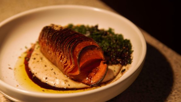 Hassleback sweet potato, currants, bread sauce and hazelnuts at Ates.