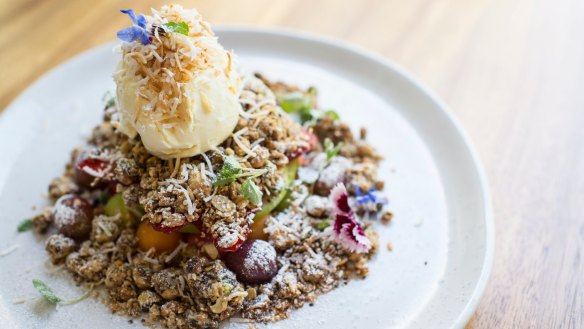The brekkie crumble, a vibrant mix of fruit, oat, pistachio and cashew crumble and vanilla mascarpone.
