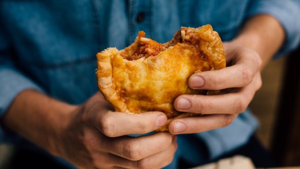 The Bruce pie at the Pie Shop in Melbourne is filled with pork-based spag bol, spaghetti included, and crowned with a lid of cheese. 