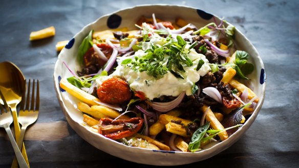 Chips loaded with garlicky lamb, tomatoes, oregano and whipped feta.