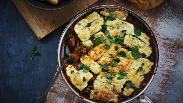 Sausage and lentil stew with grilled haloumi. 