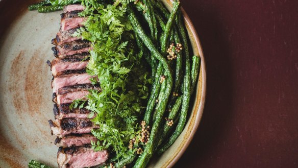 Sirloin steak, snake beans and salsa verde. 